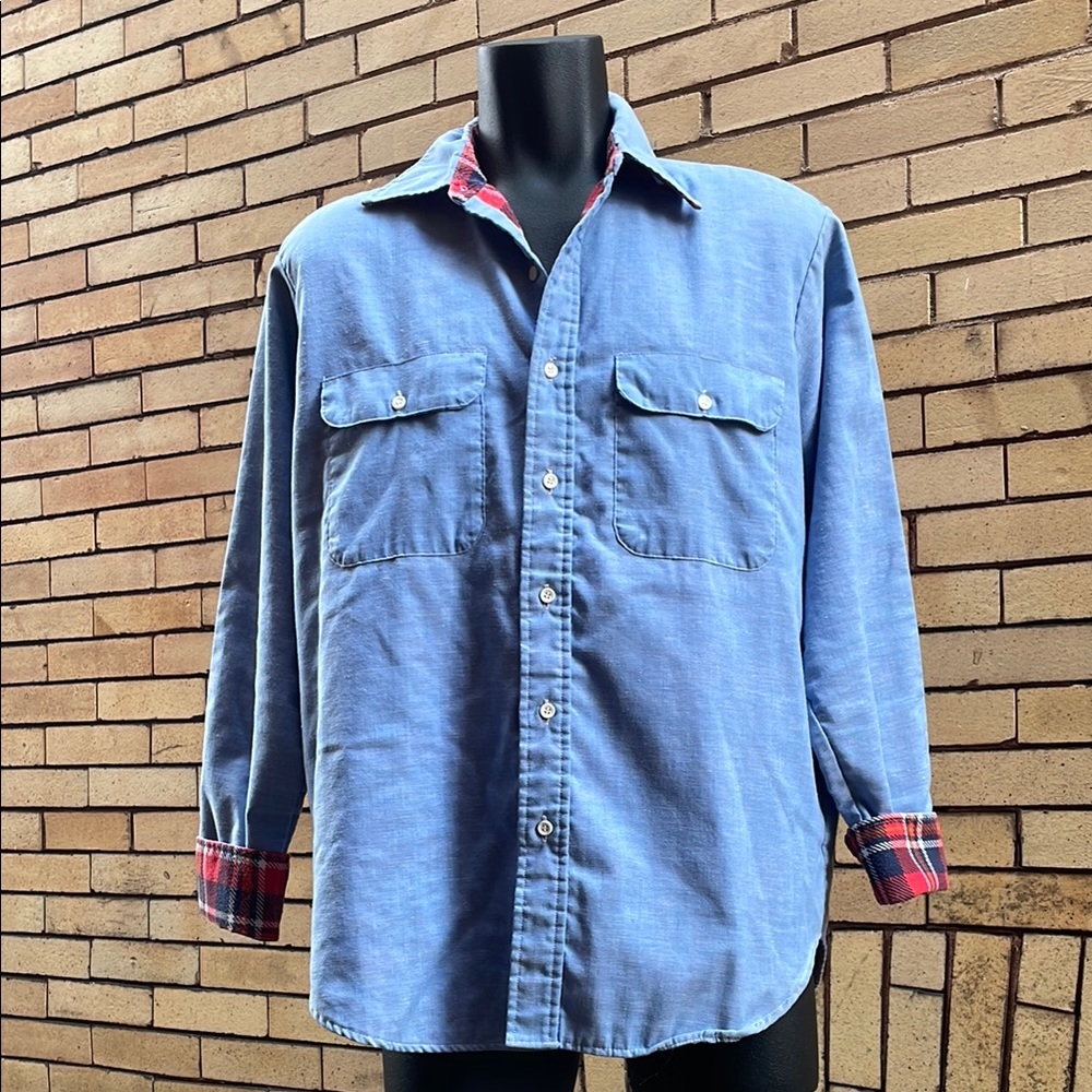 Vintage 80’s Moving Up plaid lined chambray button shirt Size Large 16 16.5